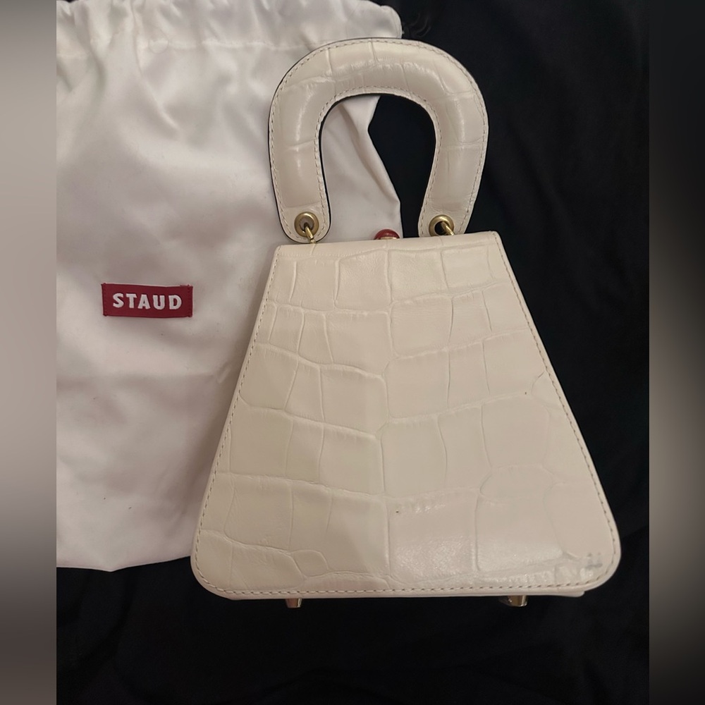 STAUD Cream Croc-Embossed Mini Bag